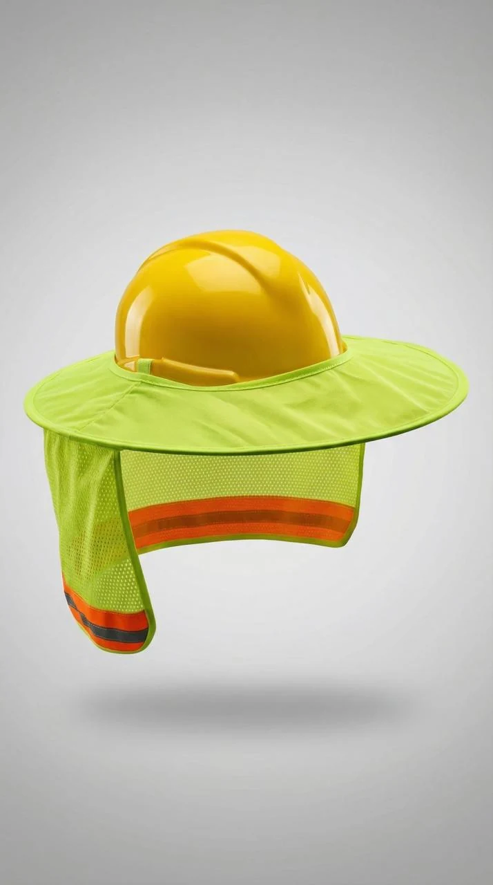 Casco amarillo con ala y protector de cuello verde fluorescente