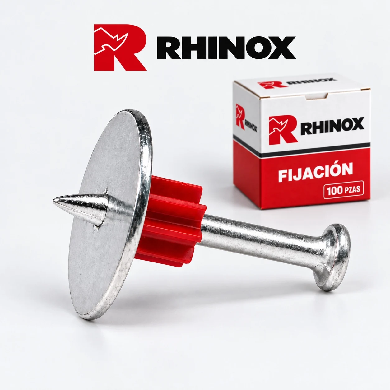 Clavo plateado con arandela metálica y camisa roja, junto a caja RHINOX de 100 piezas