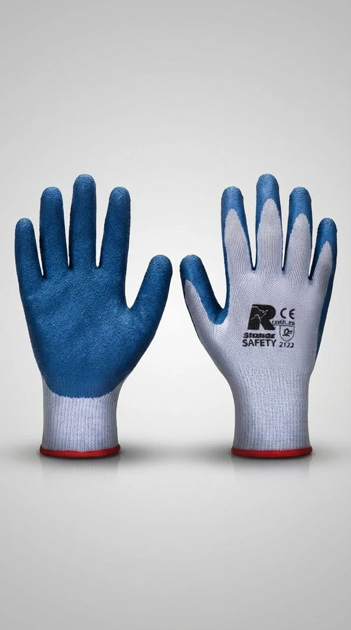 Par de guantes blancos con palmas y dedos recubiertos en azul