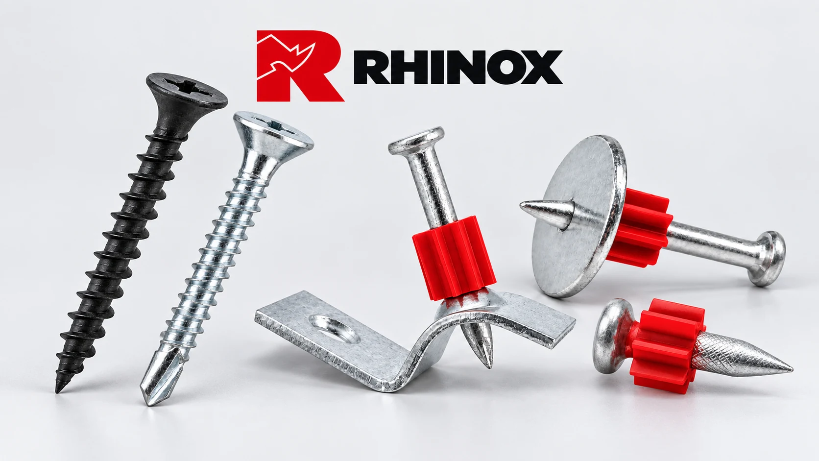 Collage RHINOX de tornillos negros y plateados con fijaciones de camisa roja