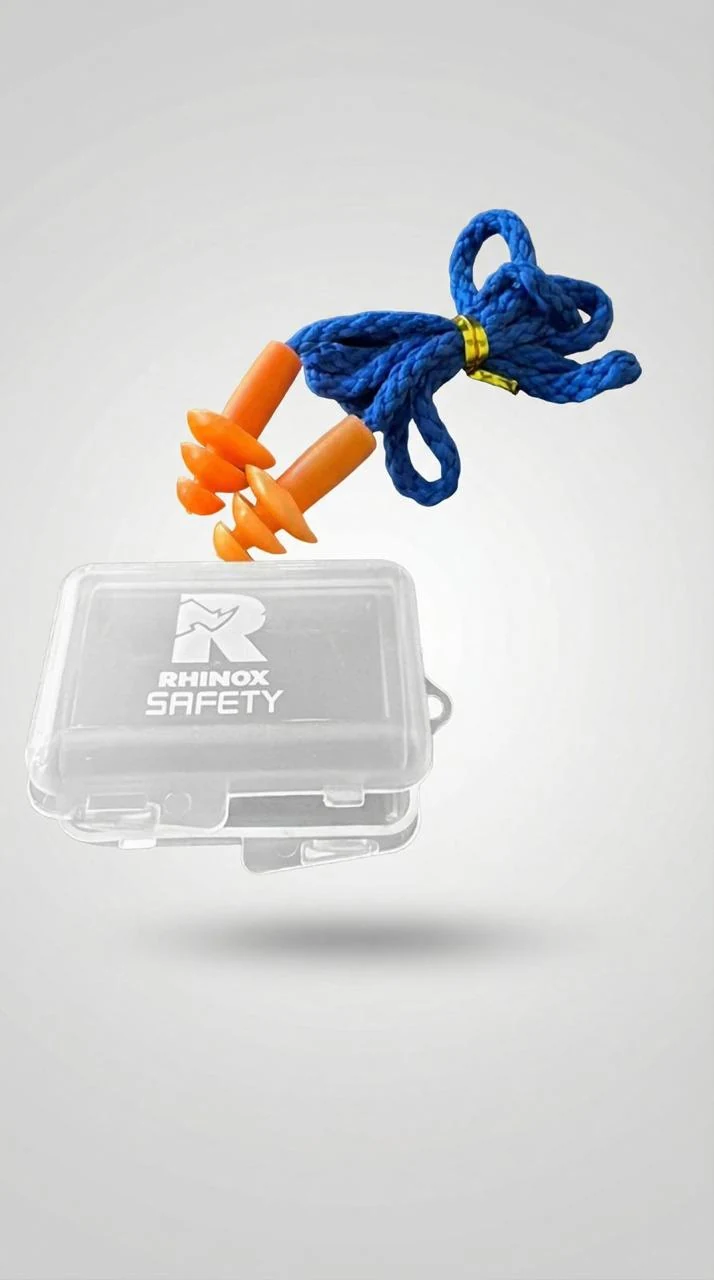 Tapones auditivos naranjas con cordón azul y estuche RHINOX Safety