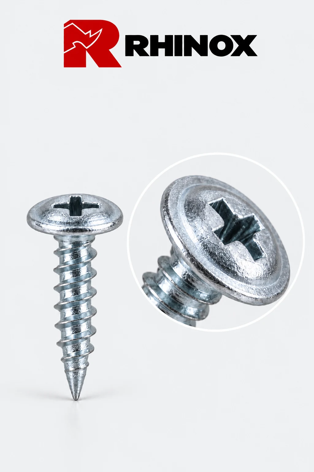 Tornillo plateado RHINOX de punta aguda, cabeza amplia y entrada en cruz
